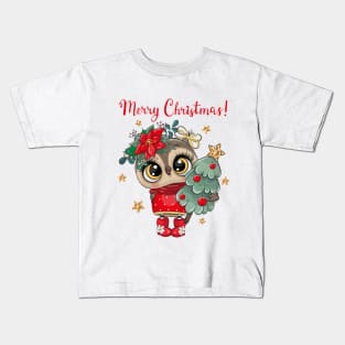 Cute owl holds a Christmas tree and the inscription merry Christmas Kids T-Shirt